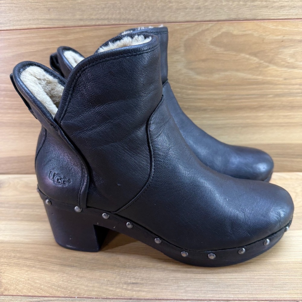 UGG Cam II Clog Heel Booties Womens 8 Y2K Black Leather Chunky Sherpa Fur Lined
